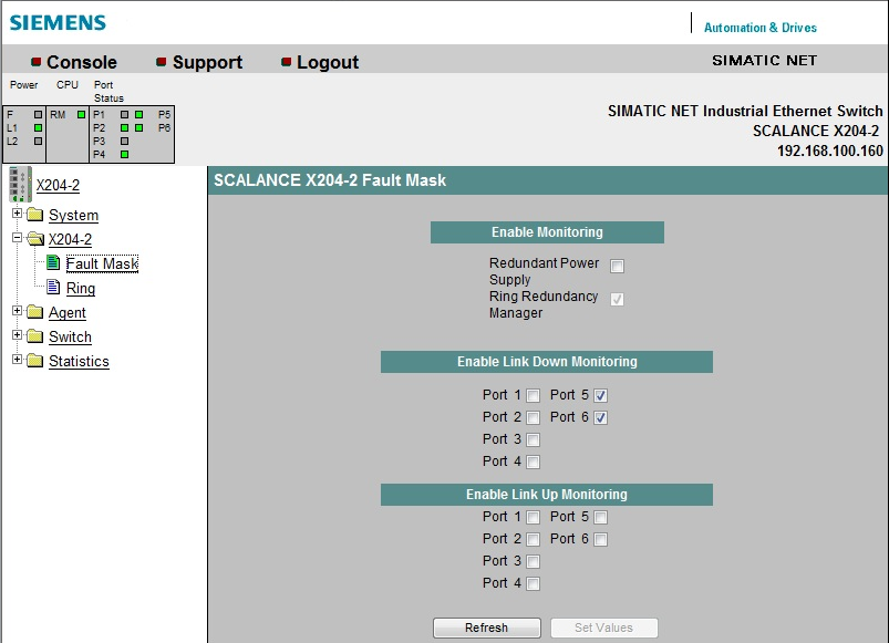 Scalance X204-2 Setup: Fault Mask Page