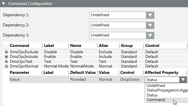 Selection of The Command Text Group in the Affected property Drop-down List